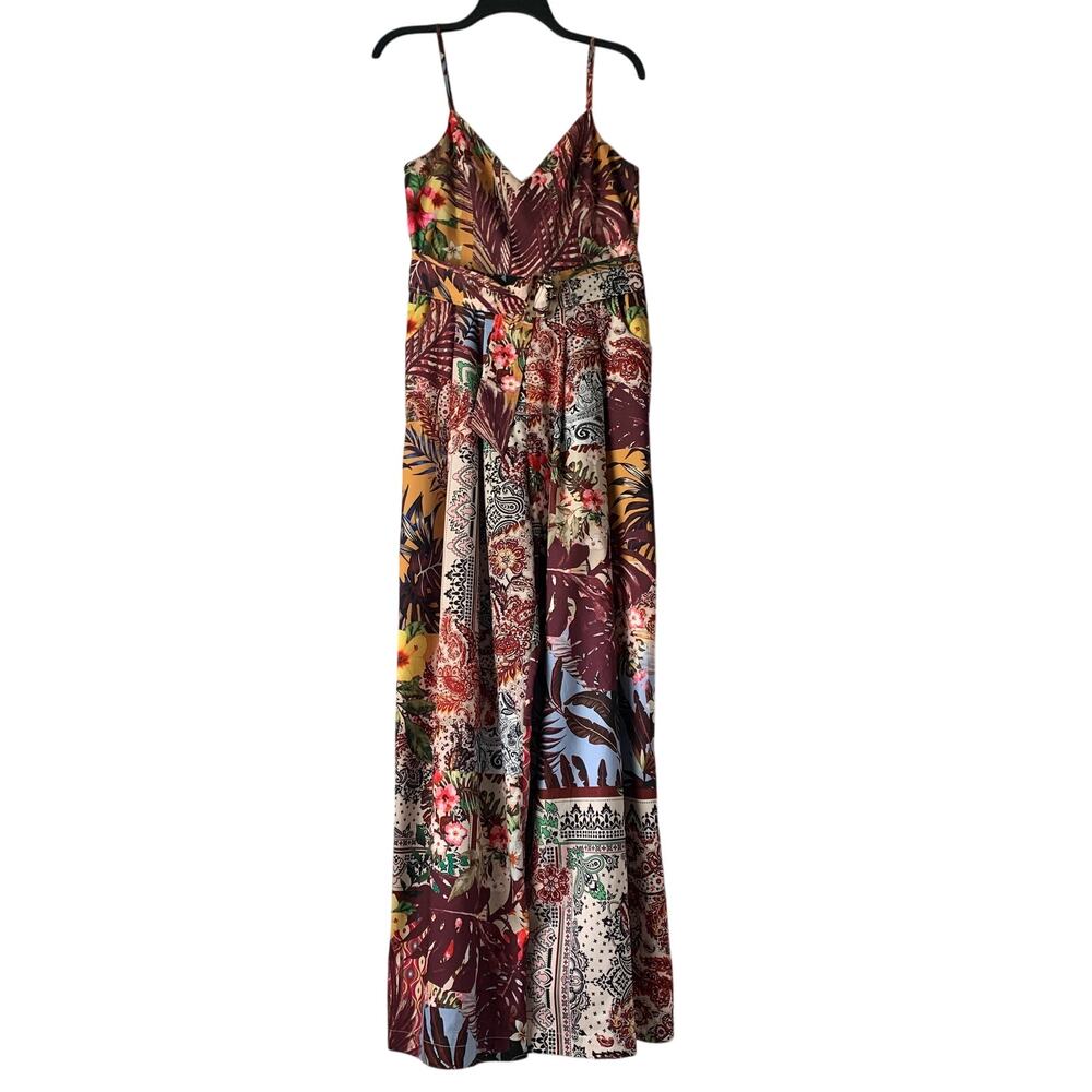 A. Peach Floral Print Belted Jumpsuit Wide Leg Adjustable Straps Pockets Size M